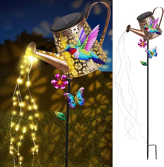 Solar Watering Can with Lights Outdoor Garden, 41in Large Hummingbird Garden Stake Lights, Waterproof Decoration for Yard Lawn Pathway, Gifts for Mom Grandma Women Birthday Gardening Gift