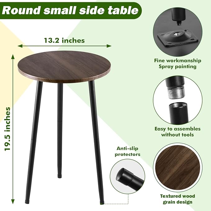 Metal Outdoor Side Tables Set of Two Small Outside Round End Table for Patio Modern Accent Garden Corner Table for Small Spaces, Balcony, Porch, Weather-Resistant Plant Stand Indoor, Woodgrain