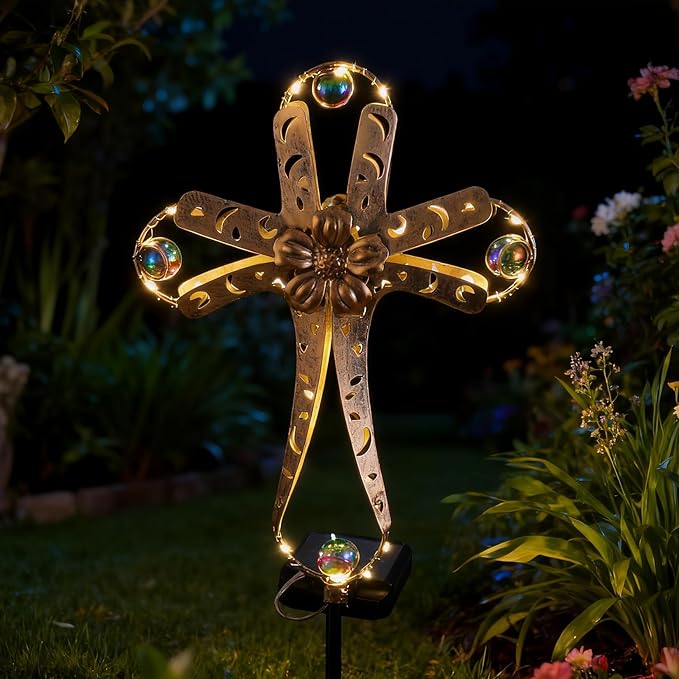 Kaixoxin Solar Power Cross Stake Warm White Color Florals Solar Lights Garden Decor Memorial Gift Cemetery Decoration LED Outdoor Landscape Light
