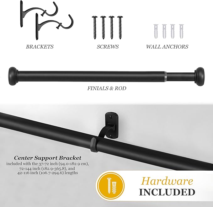 Kenney KN90001 1" Weaver Indoor/Outdoor Rust-Resistant Curtain Rod, 72-144", Black