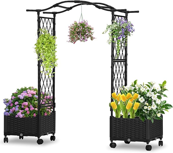 Planter Box with Trellis Outdoor, Plastic Raised Garden Bed Trellis Planter Box with Wheels and Drainage Hole for Patio Balcony Backyard Indoor Flower Vegetable Tomato, Black