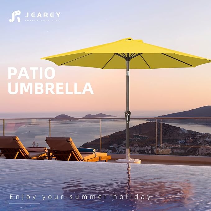 JEAREY 9FT Outdoor Patio Umbrella Outdoor Table Umbrella with Push Button Tilt and Crank, Market Umbrella 8 Sturdy Ribs UV Protection Waterproof for Garden, Deck, Backyard, Pool (Yellow)