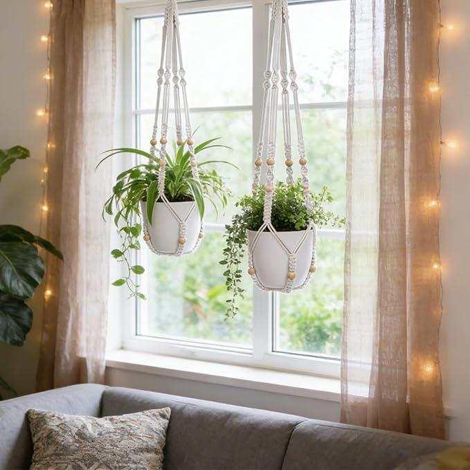 YIBOT Macrame Plant Hanger Indoor Outdoor, Up to 4-15 inch Pot, Heavy 20lb Planters, Extra Long Strong Hanging Planter Basket, Boho Home Decor, 35 Inch, Ivory, Set of 2 (POTS NOT Included)