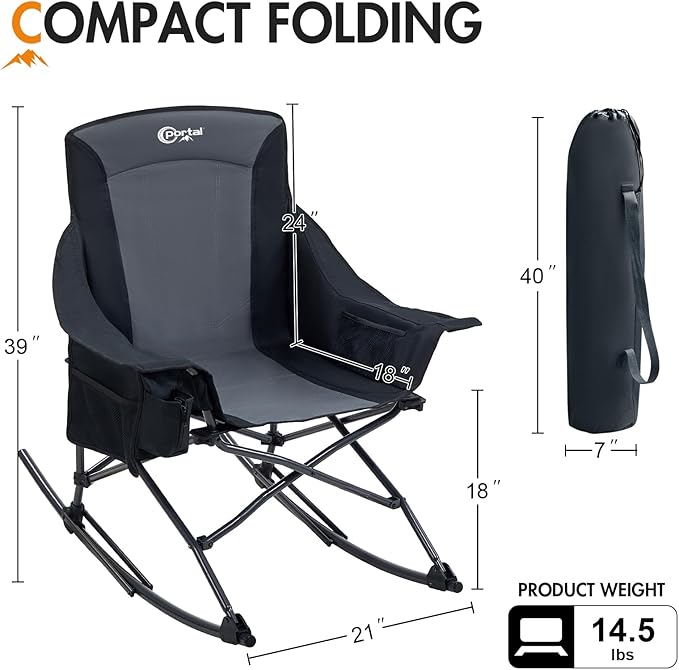 Portal Camping Rocking Chair Outdoors Folding Portable Rocker with Cup Holder Side Pocket Carry Bag, Support 350LBS, Black