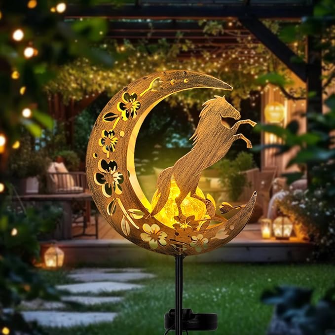 Solar Lights Outdoor Waterproof - Moon & Horse Landscape Lighting, Weatherproof SolarGarden Stakes with 8-10H Auto On/Off, Decorative Pathway Markers for Driveway/Walkway/Equestrian Farms