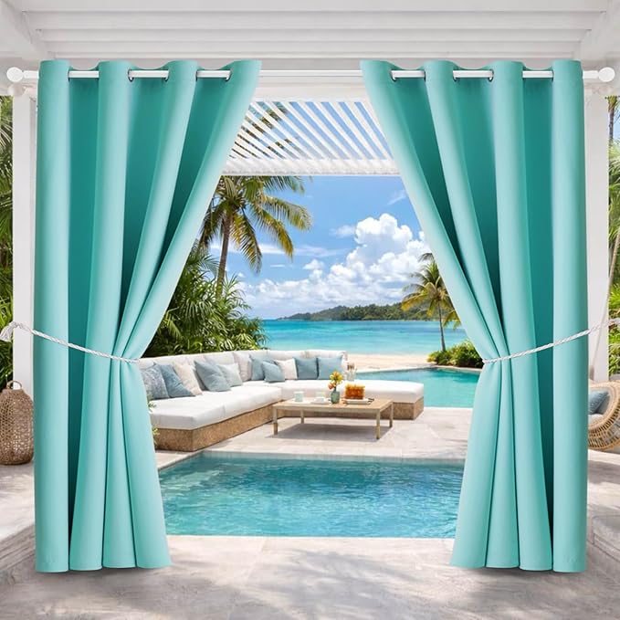 Water Proof Outside Curtains with Grommet Top for Porch, W52 x L120 Thermal Insulated Washable Outdoor Divider Drapes for Patio Gazebo Deck Pool Area Pergola Cabana (Teal Blue, 2 Panels)