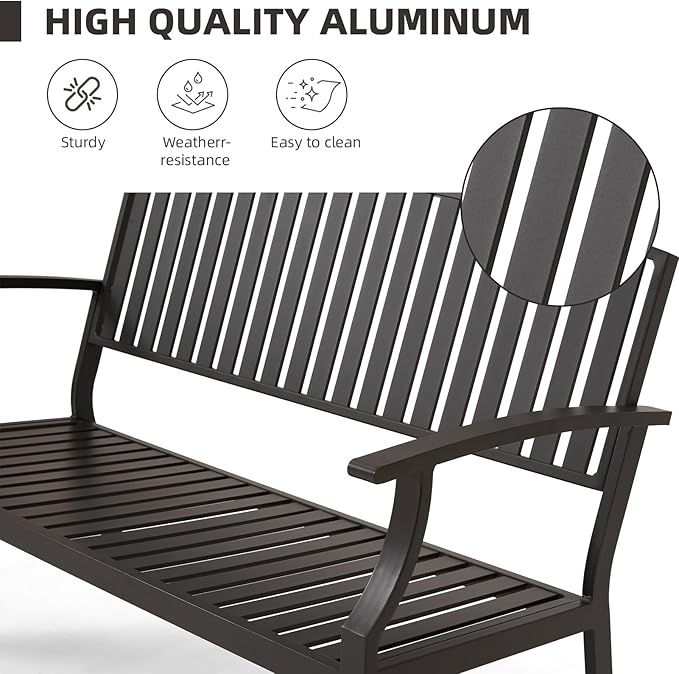 52" Outdoor Bench Weatherproof, Rust-Resistant Aluminum Metal Patio Garden Bench, Patio Loveseat for Porch Garden Lawn Backyard Park Balcony(Grey, 1PC)
