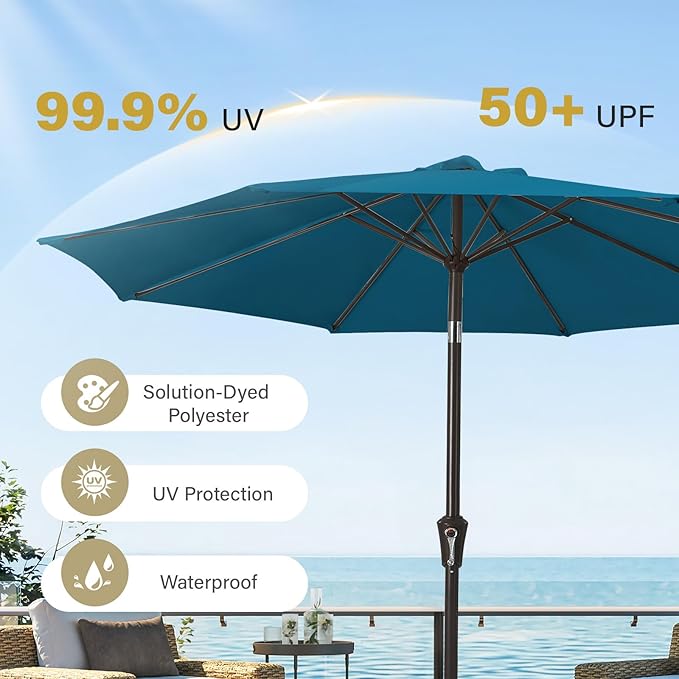 MEWAY 9ft Patio Umbrella Outdoor Table Umbrellas with Push Button Tilt and Crank, Market Umbrella 8 Sturdy Ribs for Deck, Garden, Pool and Backyard, Lake Blue