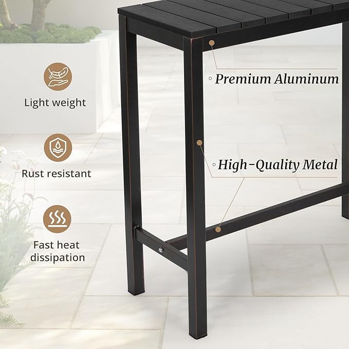 Outdoor Bar Table, 38" Patio Bar Height Counter Console Table, Black Waterproof HDPS Slatted Top and Bronze Leg, Weather Resistant, Hot Tub, Balcony, Yard, Indoor or Outdoor Use