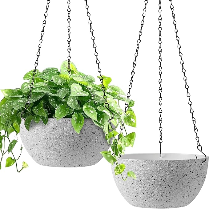 T4U 8 Inch Hanging Planters for Indoor Plants, 2 Pack Hanging Planter, Hanging Plant Pots with Drainage Holes and Chain, Hanging Basket Pots for Garden Home Porch Decor, White