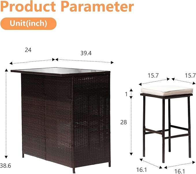 PayLessHere Rattan Bar Set 3Pcs Patio Wicker Bistro Set Sturdy Frame Bar Height Table with Glass Table Top Storage Shelves 2 Bar Stools for Patio Poolside Porch Outdoor Indoor, Khaki (Khaki)
