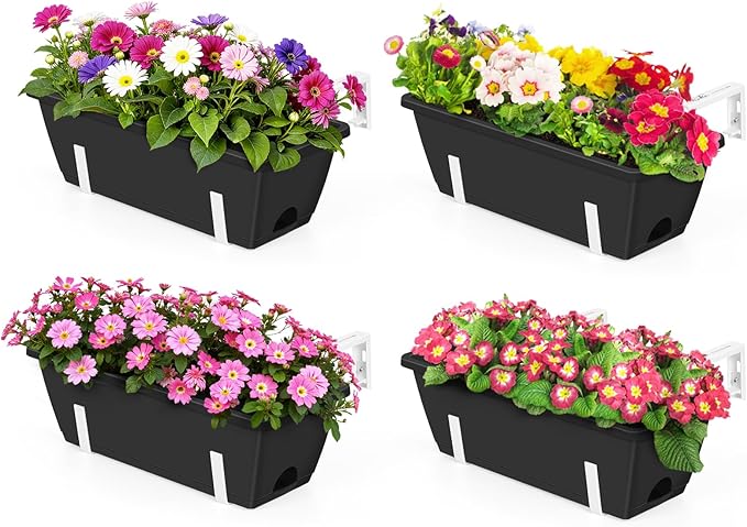 OYEAL 4 Pack Railing Planter Box Outdoor Hanging Balcony Planters 17 Inch Window Boxes Planter with Adjustable Brackets Plastic Flower Pots for Garden Deck Porch Railing Balcony Fence, Black & White