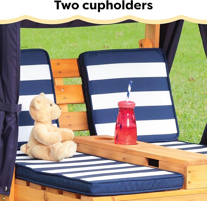 KidKraft Wooden Outdoor Double Chaise Lounge with Cup Holders, Kid's Patio Furniture, Honey with Navy and White Striped Fabric, Gift for Ages 3-8