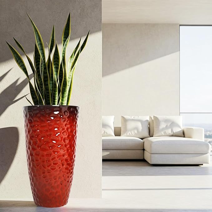 Worth 2 Pack 24" Tall Large Plastic Planter with Drainage Hole, Round Decorative Flower Plant Pit for Indoor or Outdoor Gardening, Glossy Red