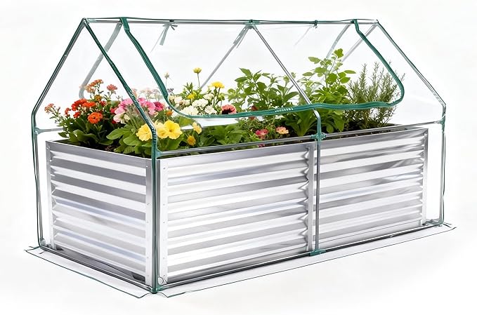 DUMOS Raised Garden Bed with Cover, 6x3x2ft Planter Box Outdoor for Deep-Rooted Herbs/Flowers/Vegetables, Large Metal Garden Bed Mini Greenhouse for Patio, Balcony and Backyard, Silver