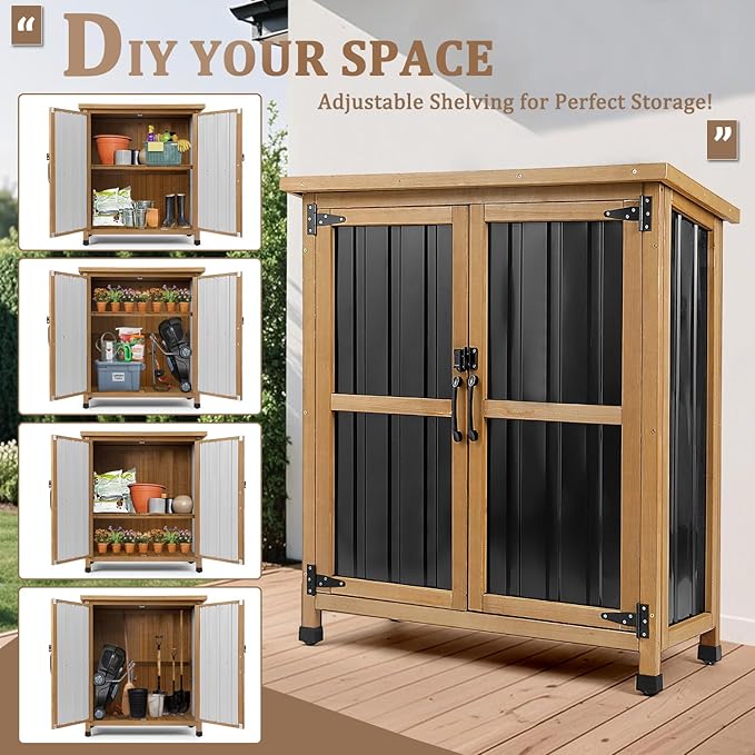 PetsCosset Weatherproof Outdoor Storage Cabinet with Lockable Doors, Wood & Metal Garden Storage Shed Patio Storage Box for Tools & Lawn Equipment, Pool Accessories