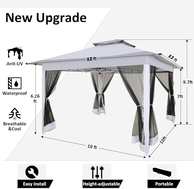 COBIZI 12x12 Pop Up Gazebo On Clearance - Upgrade Easy Up Metal Outdoor Canopy Waterproof - Portable Gazebo with Mosquito Nettings, 4 Ropes 8 Stakes and Carry Bag for Patio Garden(Light Gray)