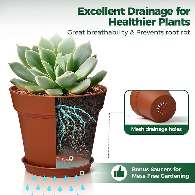 T4U 7.5 Inch Plant Pots 6 Pcs, Flower Pots for Plants, Plastic Planter Pots for Indoor Plants with Drainage Holes and Saucer (6 Pcs, 7.5")