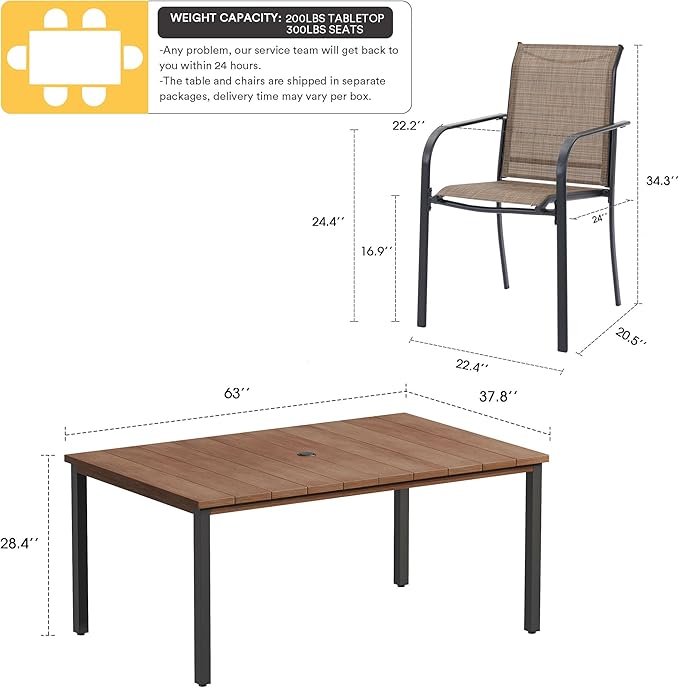 VICLLAX Patio Dining Set for 6, Outdoor Furniture Set Includes 63" Rectangle Patio Table and 6 Patio Sling Chairs, Outdoor Table and Chairs for Outsides, Walnut Tabletop and Brown Fabric