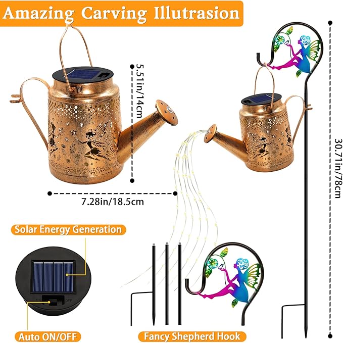 Solar Lanterns Outdoor Waterproof,Metal Watering Can Garden Decor,Fairy Hanging Solar Path Lights Yard Art,Outside Patio Decorations Gardening Christmas Gifts for Mom Grandma Women（with Shepherd Hook）