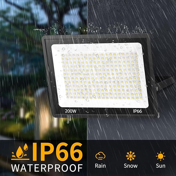 200W LED Flood Light Outdoor with 6ft Plug, 24000LM Brighter Exterior Security Lights, 5000K Daylight LED Work Light, IP66 Waterproof for Yard, Garage, Stadium, Lawn, 2 Pack