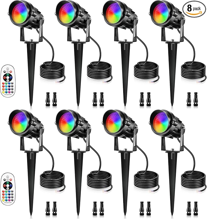 12W RGBW Color Changing Landscape Lights - Low Voltage LED Landscape Lighting, Remote Control Spotlight Outdoor Waterproof Garden Pathway Halloween Christmas Spot Lights, 8 Pack with Connector