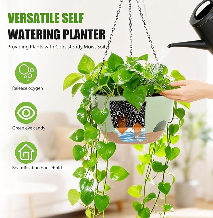8 Inch Hanging Planters for Indoor Outdoor Plants, 4 Pack Green Brown Plastic Self Watering Hanging Baskets with Drainage Holes and Chain for Garden Porch