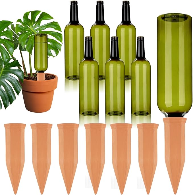 TINSKY 6 Sets Plant Watering Devices Terracotta Self Watering Spikes and 26 Oz Plastic Green Bottles Slow Release Vacation Plant Waterer Automatic Planter Insert for Indoor Outdoor Plants