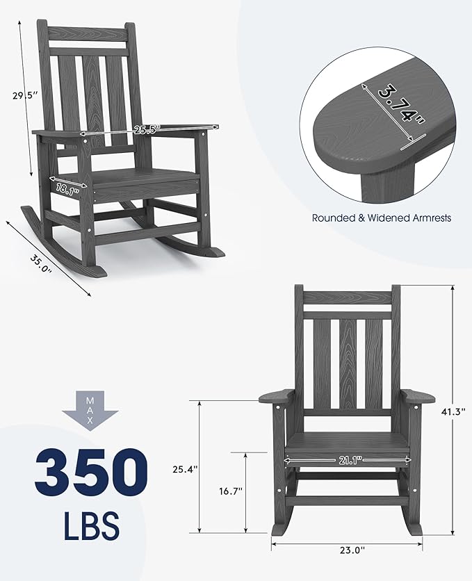 KINGYES Oversized Outdoor Rocking Chair Set of 6, All-Weather Patio Rocking Chairs for Porch, HDPE Outdoor Patio Rockers with High Back & Wide Seat for Garden, Lawn, Gray