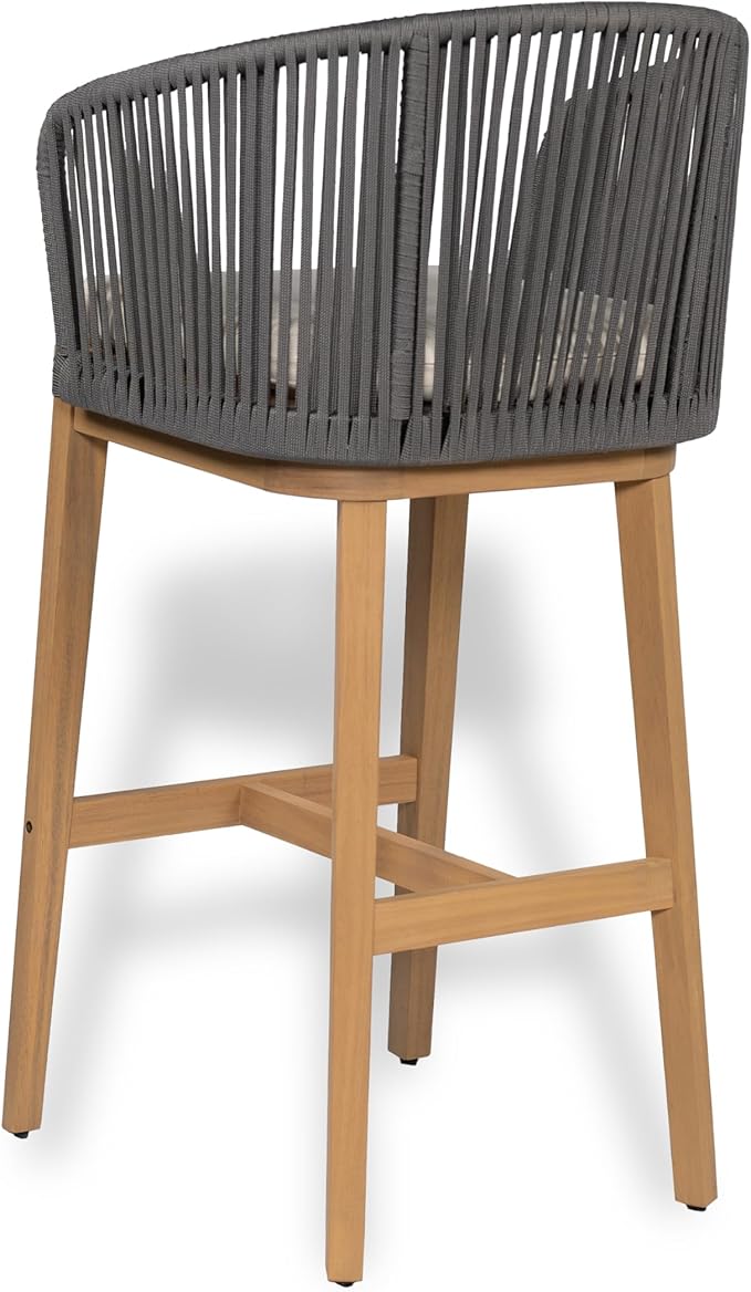 Christopher Knight Home Zax Set of 2 Patio Barstool, Acacia Wood & Rope Outdoor Counter Stool with Backrest/Footrest, Barstool Chairs with Cushion Seating for Backyard Balcony Garden, Beige+Gray+Teak