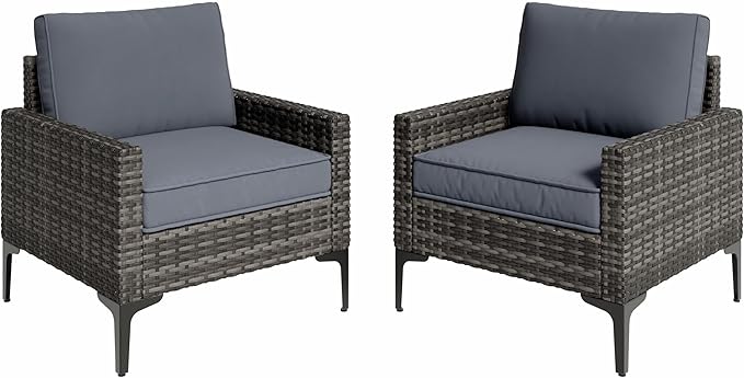 Jing's Villa 2-Piece Outdoor Sectional Single Chair Set, All-Weather Wicker Patio Furniture with L/R Armrest & Cushions, Comfortable Garden Conversation Set for Backyard, Poolside, Deck,Gery