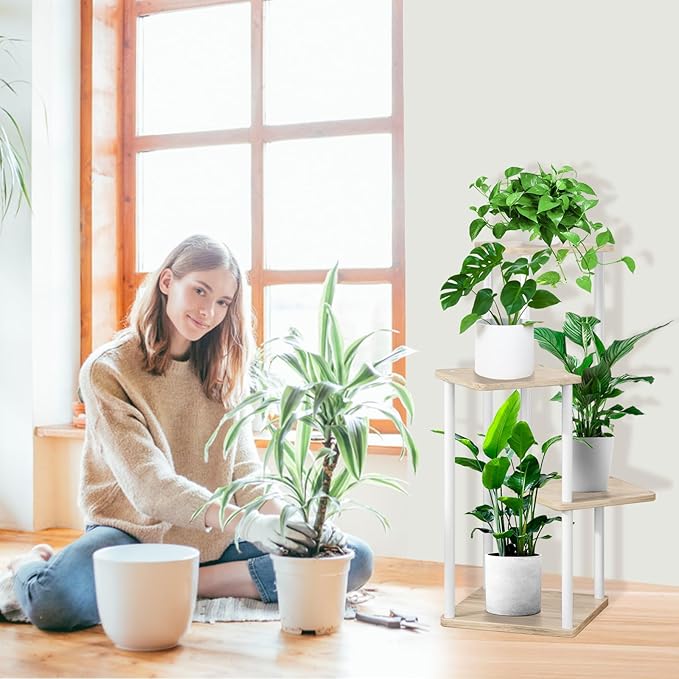4 Tier Plant Stand Indoor, Thickened Metal Wood Corner Plant Shelf Stands for Multiple Plants, Indoor Tall Plants Stand Tiered Flower Holder for Living Room Patio Garden Balcony(White+Oak)