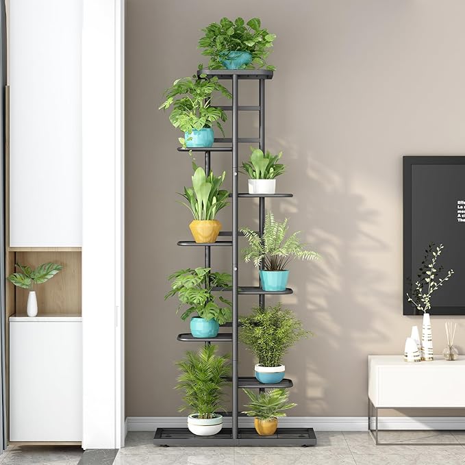 LINZINAR Plant Stand Indoor Outdoor Metal 8 Tier 9 Potted Multiple Flower Pot Holder Shelf Indoor Outdoor Planter Display Shelving Unit for Patio Garden Corner Balcony Living Room