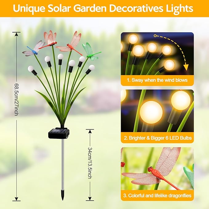 Solar Garden Lights Outdoor - 4 Pack Dragonfly Solar Swaying Light, Sway by Wind, Firefly Lights Outdoor Yard Patio Pathway Decoration, Big Bulb, High Flexibility Iron Wire & Realistic Dragonflies