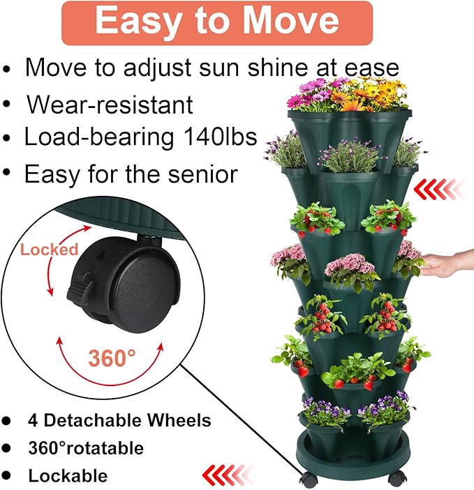 DUNCHATY Stackable Planter, Vertical Garden Planter with Wheels and Tools, Self Watering Strawberry Planter Indoor/Outdoor 7 Tier Herb Planter Pots for Growing Vegetables and Succulents,Pine Green