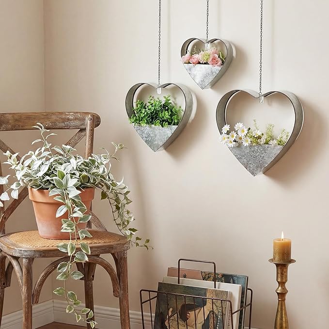 3 Pcs 3 Size Heart Metal Hanging Planter Indoor Outdoor, 13.4" 10.6" 7" Large Metal Plant Hangers Vintage Flower Pot with Hook Chain Drain Hole Gift for Gardener Women Mom Home Decor(Silver)