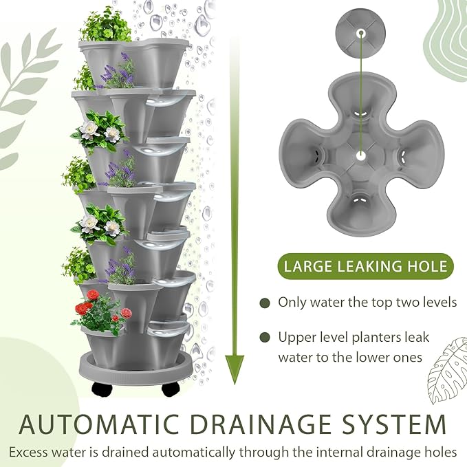 Umigy 2 Set of 7 Tier Vertical Planter Stackable Tower Planters Strawberry Herb Flower and Vegetable Pots Indoor Outdoor Gardening Pots with Removable Wheels and Tools(Light Gray)