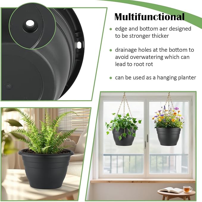 5 Pack 10 Inch Plant Pots Plastic Planters with Drainage Holes & Plugs,Lightweight Flower Pots for Indoor Outdoor Plants,Flowers,Monstera,Snake Plant,Home Garden(Black)