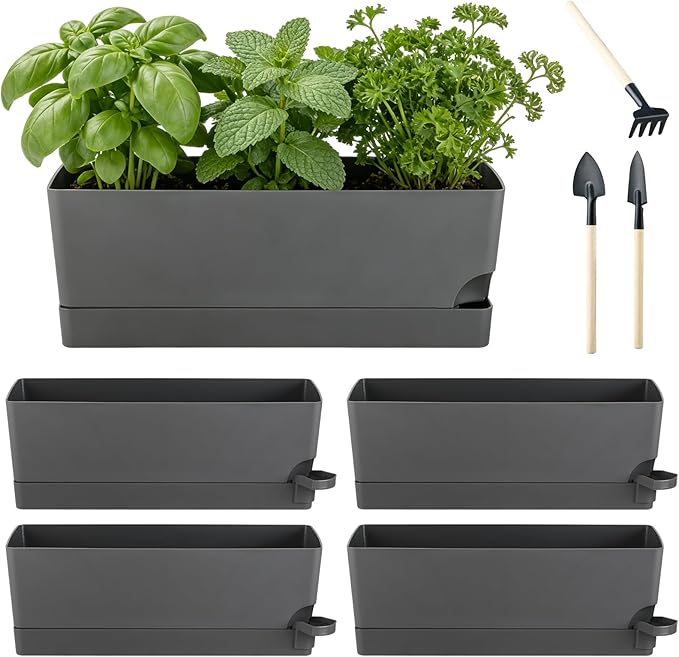 4 Pack Self Watering Pots for Indoor Plants 17 Inches Window Boxes Planters Rectangular Flower Pots Rectangle Herb Pots Large Plant Pots with Drainage Holes and Saucers Windowsill Planter, Grey