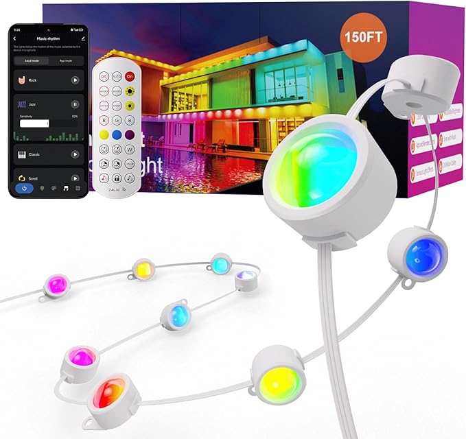 Fitop Permanent Outdoor Lights, 150FT RGB Waterproof LED Lights for House, Smart Outdoor Strip Light with Extendable Design, App/Remote Control, 16 Million Colors, IP67 Rated