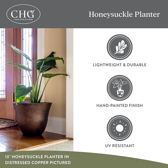 Classic Home and Garden Honeysuckle Resin Planters - Lightweight Indoor & Outdoor Plant Pots - UV-Resistant Plastic Flower Pots - Pot Planters for Flowers & Herbs (13" Fossil)