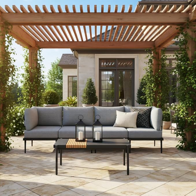 Sundale 5 Pieces Outdoor Patio Furniture Set, Metal Sectional Sofa Patio Conversation Set with Coffee Table, Modern Patio Corner Couch for Balcony, Porch, Sunroom