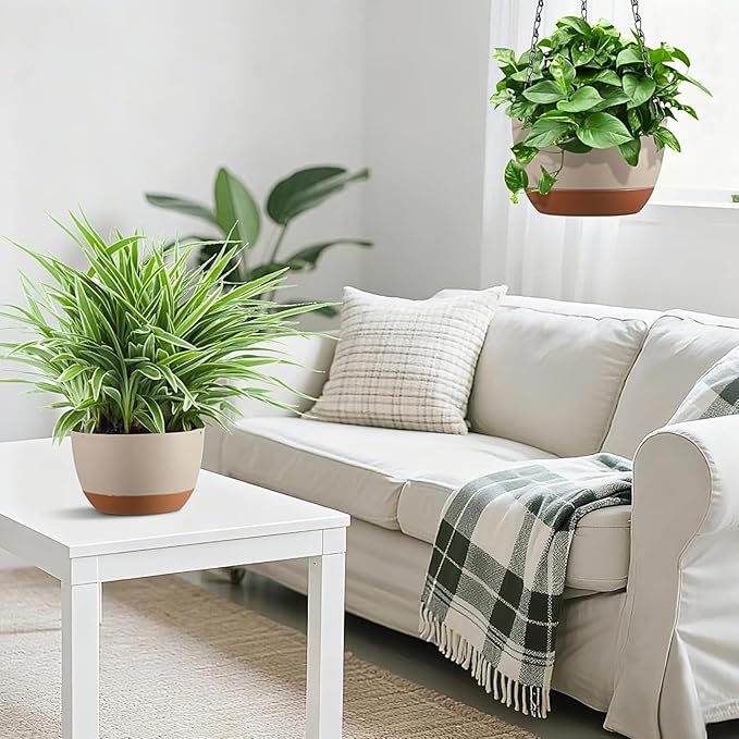 Hanging Planters for Indoor Plants, Set of 2 8/10 Inch Self-Watering Hanging Pots with Drainage Hole & Removable Water-Storage Tray II Screw-in Hooks