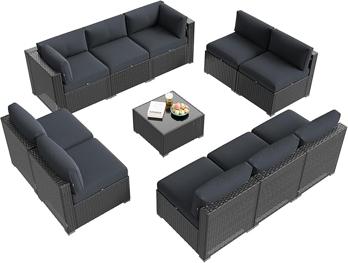 Aoxun Patio Furniture Set, 11 Piece Outdoor Sectional Sofas with Waterproof Cover, 10 Seats Wicker Rattan Outdoor Furniture Patio Conversation Set for Backyard, Garden Dark Grey