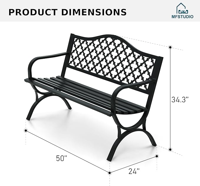 MFSTUDIO 50" Lucky Clover Outdoor Bench, Black Cast Iron Back with Waterproof E-Coating, Durable Patio Garden Bench Park Chair, Black