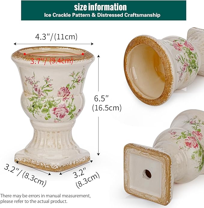 Sungmor Small Ceramic Urn Planter - Pink Scroll Floral Pedestal Flower Pot, Decorative Vintage Chinoiserie Style Planters, Tuscan Accent Vase Indoor Outdoor Plant Holder with Drainage