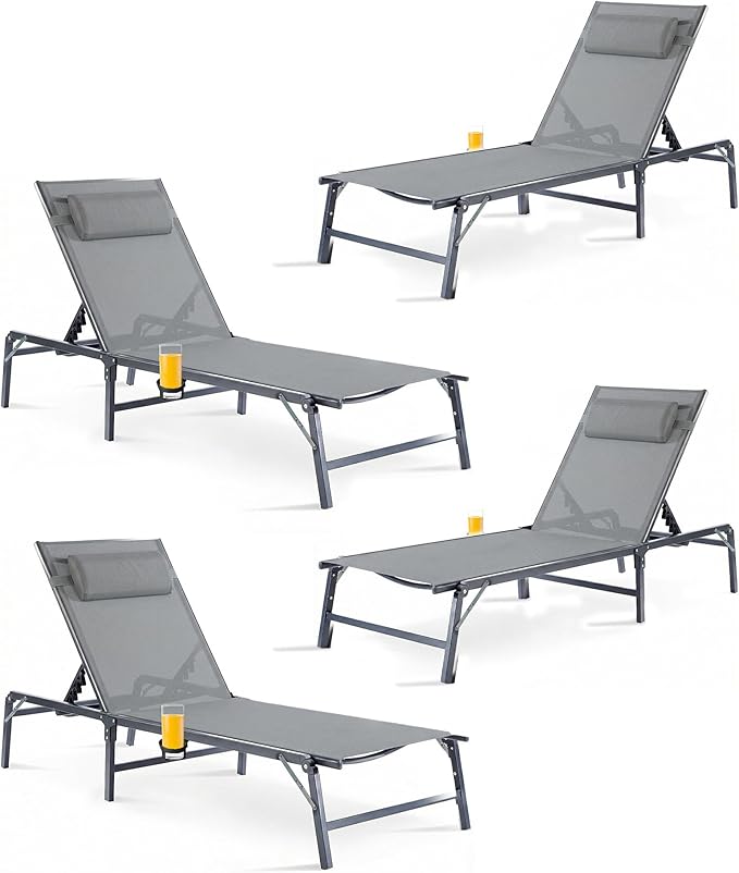 4 Pack Foldable Chaise Lounge Chair with Cup Holder, Assemble-Free Outdoor Lounge Chair with Detachable Pillow and 6 Adjustable Backrest, Patio Lounge Chair for Outside Poolside Beach Pool, Grey