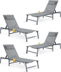 4 Pack Foldable Chaise Lounge Chair with Cup Holder, Assemble-Free Outdoor Lounge Chair with Detachable Pillow and 6 Adjustable Backrest, Patio Lounge Chair for Outside Poolside Beach Pool, Grey