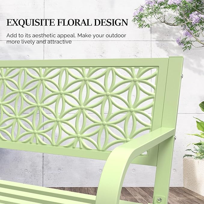 VINGLI 50" Outdoor Bench Metal with Floral Back, Garden Bench Front Porch Bench for Yard Patio Entryway Park Outside, 800lb Capacity - Green