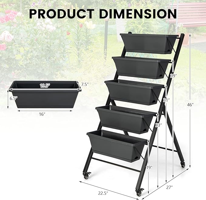 Giantex Vertical Raised Garden Bed on Wheels, Elevated Planter Raised Beds with Water Drainage, Freestanding 5 Container Boxes for Vegetables and Flowers Growing, Outdoor Indoor Patio Balcony
